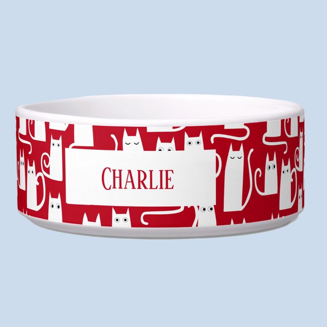おもしろい赤と白パーソナライズされた ボウル (Red and white personalized name cat pattern pet bowl)