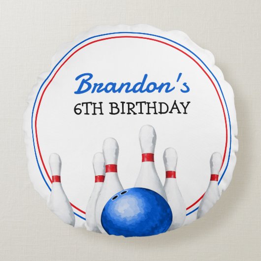おもしろい赤と青のボーリング子供の誕生日 ラウンドクッション (正面)