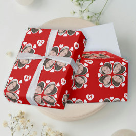 おもしろい赤白ハート4葉クローバー写真パターン ラッピングペーパー