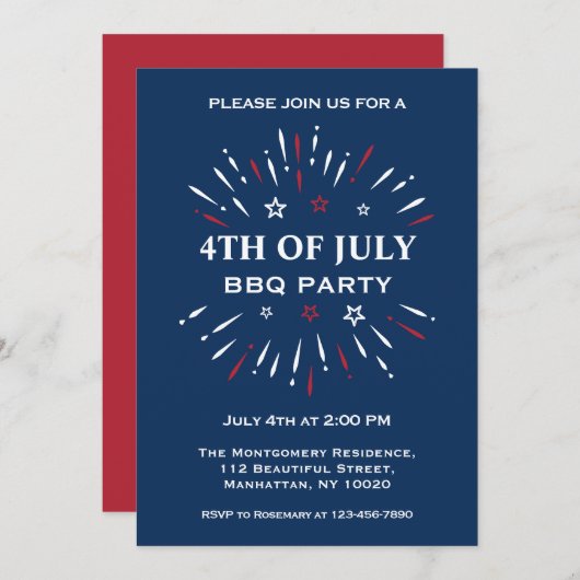 おもしろい赤白青7月4日BBQパーティー花火 招待状 (正面/裏面)