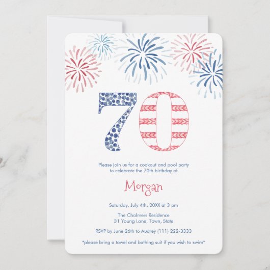 おもしろい赤白青70歳の誕生日パーティー 招待状 (正面)