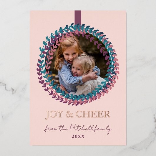 おもしろい赤面ピンクティール(緑がかった色)ブルーリースバラ金ゴールド 箔シーズンカード (正面)