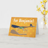 おもしろい走り鳥イラストレーション カード (黄色い花)