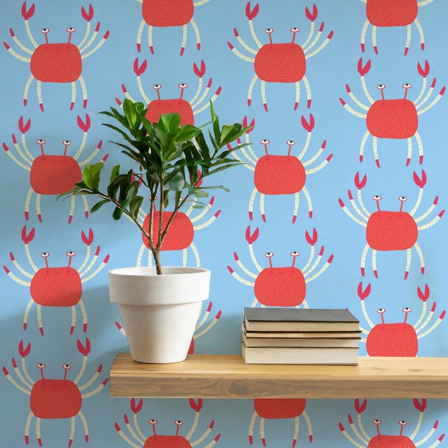 おもしろい踊りカニ沿岸パターン 壁紙 (Dancing crabs fun coral and blue peel and stick wallpaper for coastal home decor)