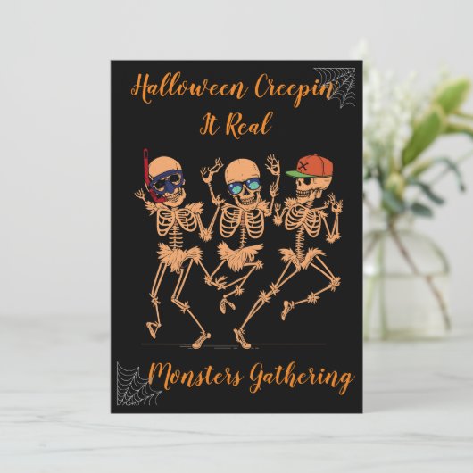 おもしろい踊り骨格の不気味なハローウィンパーティダーク 招待状 (スタンド正面)