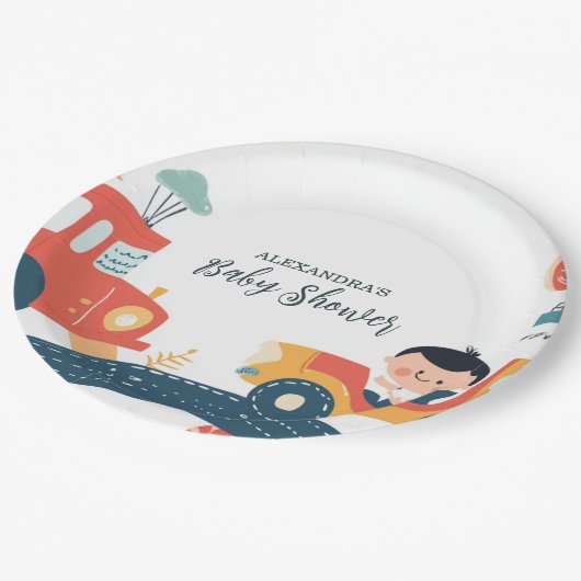 おもしろい車少年の赤ちゃんシャワー ペーパープレート (アングル)