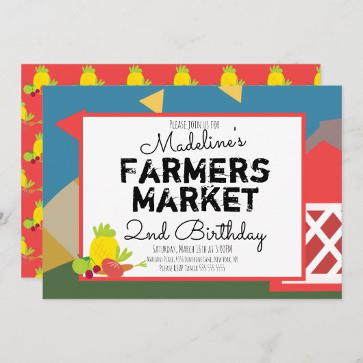 おもしろい農家市場野菜ピクニック誕生日I 招待状 (正面/裏面)