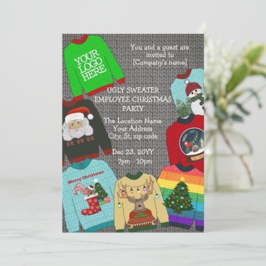 おもしろい追加ロゴの醜いセーター会社のクリスマスパーティー 招待状 (スタンド正面)