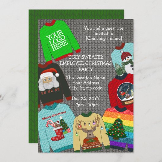 おもしろい追加ロゴの醜いセーター会社のクリスマスパーティー 招待状 (正面/裏面)