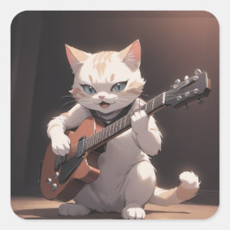おもしろい遊ギターの猫芸術 スクエアシール
