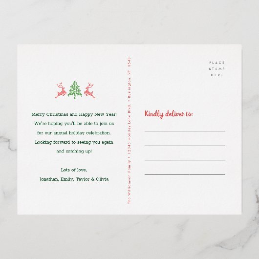 おもしろい醜いセータークリスマスホリデーパ実在ーティ金ゴールド 箔招待状ポストカード (裏面)