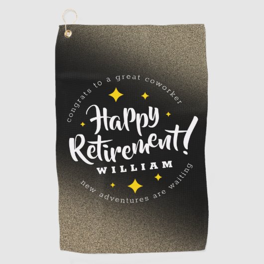 おもしろい金ゴールドグリッタースターズリタイアニューアドベンチャーズ ゴルフタオル (正面)