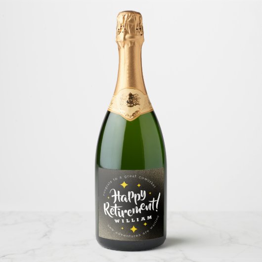 おもしろい金ゴールドグリッタースターズリタイアニューアドベンチャーズ スパークリングワインラベル (正面)