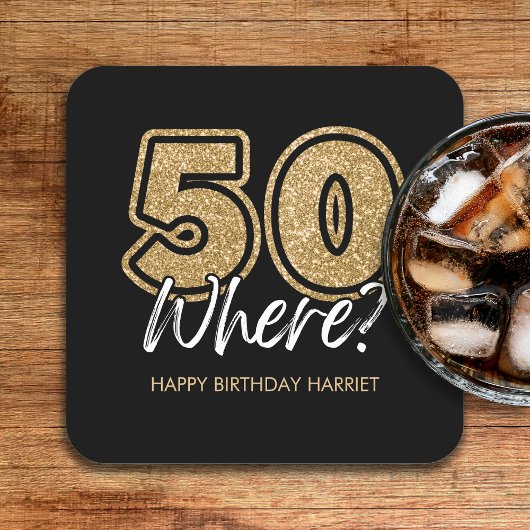おもしろい金ゴールドグリッター50ここでブラック50誕生日 スクエアペーパーコースター