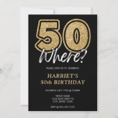 おもしろい金ゴールドグリッター50ここでブラック50誕生日 招待状 (正面)