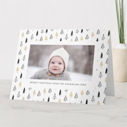 おもしろい金ゴールドブラックパインツリーミニマリストクリスマス カード (正面)