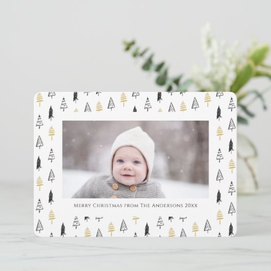 おもしろい金ゴールドブラックパインツリーミニマリストクリスマス シーズンカード (スタンド正面)