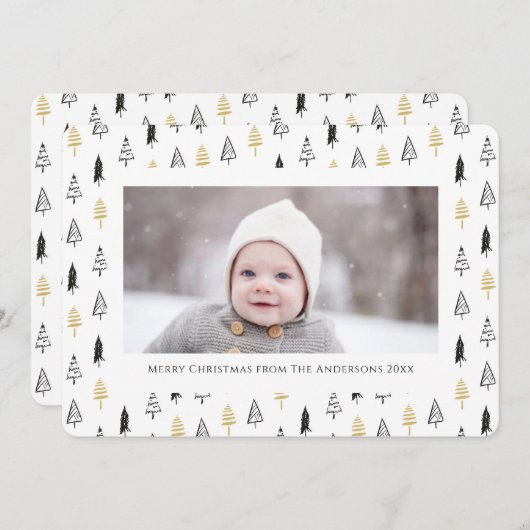 おもしろい金ゴールドブラックパインツリーミニマリストクリスマス シーズンカード (正面/裏面)