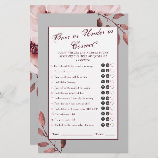 おもしろい錆ピンク赤面フローラブライダルシャワーゲーム (正面/裏面)