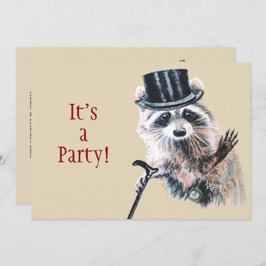 おもしろい間抜けフォーマル服飾ラクーン動物誕生日 招待状 (正面/裏面)