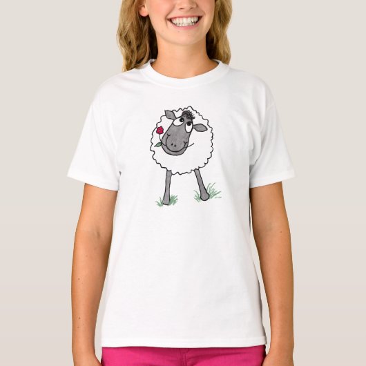 おもしろい間抜け羊と花、女の子Tシャツ Tシャツ (正面)