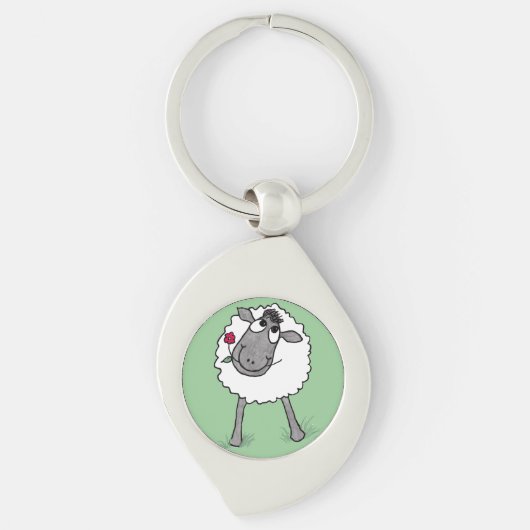 おもしろい間抜け羊と花、金属キーチェーン キーホルダー (正面)