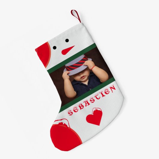 おもしろい雪だるまあなたの写真名かわいいベビー幼児レッド スモールクリスマスストッキング (裏面 (吊り時))