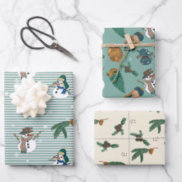 おもしろい雪だるまと冬のモチーフ ラッピングペーパーシート