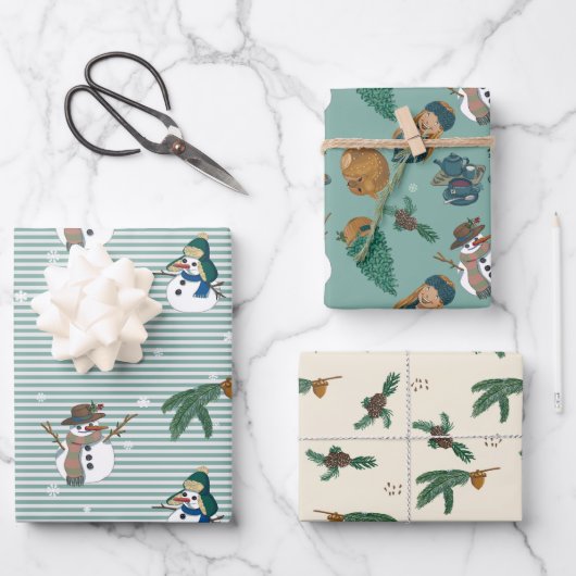 おもしろい雪だるまと冬のモチーフ ラッピングペーパーシート (正面)
