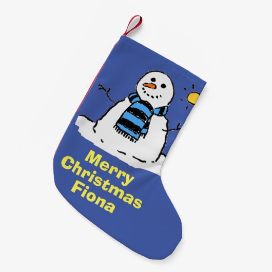 おもしろい雪だるまの冬のシーン。 スモールクリスマスストッキング (正面 (吊り時))