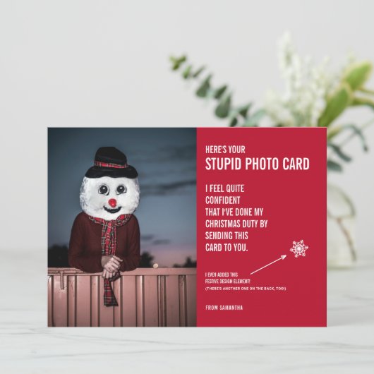 おもしろい雪だるまクリスマスの愚かな写真カード シーズンカード (スタンド正面)