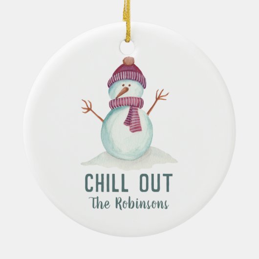 おもしろい雪だるまクリスマスファミリー写真 セラミックオーナメント (裏面)