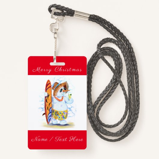 おもしろい雪だるまサーファー付きクリスマスバッジ バッジ (裏面ランヤード)
