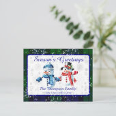 おもしろい雪だるまズシーズンズグリーティングブラックウォッチタータンチェック シーズンポストカード (スタンド正面)