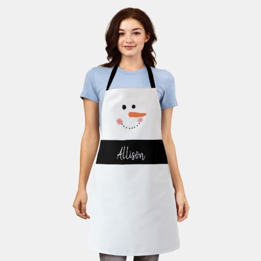 おもしろい雪だるま顔クリスマスパーソナライズされたベーキング エプロン (着用した状態)