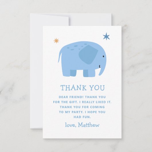 おもしろい青い象。かわいい動物の少年誕生日 サンキューカード (正面)