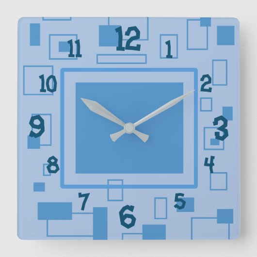 おもしろい青のレトロブロック図形 スクエア壁時計 (正面)