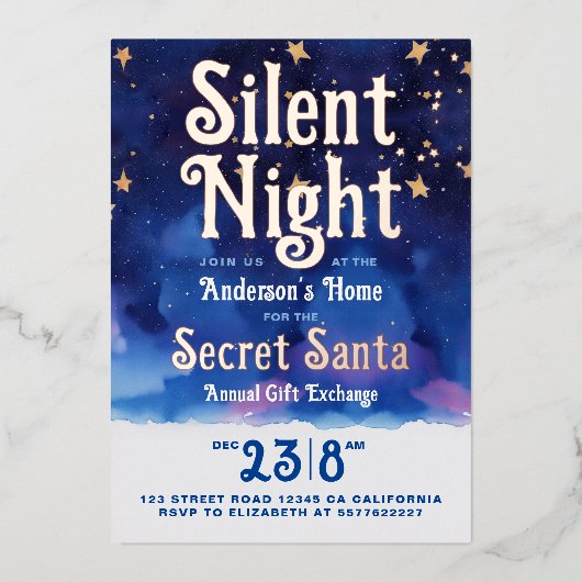 おもしろい静かクリスマスナイトシークレットサンタウォーター色 箔シーズンカード (正面)