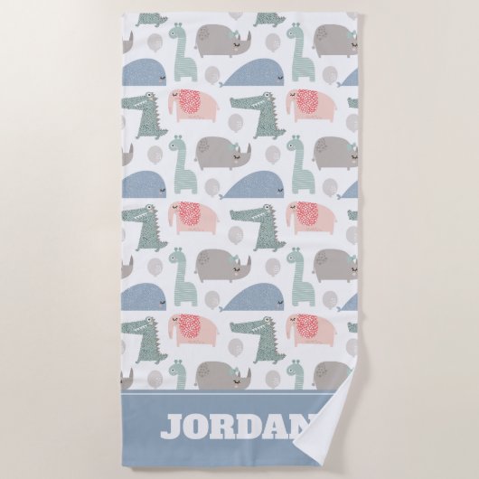 おもしろい顔かわいいドードル動物のパターン ビーチタオル (正面)