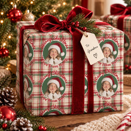 おもしろい顔の写真 メリークリスマス 赤と緑のチェック柄 ラッピングペーパー