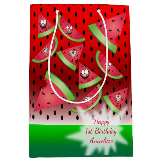 おもしろい顔スイカ誕生日 ミディアムペーパーバッグ (正面)