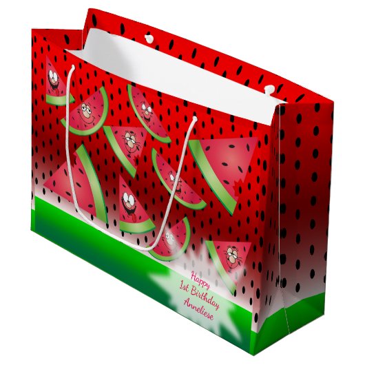 おもしろい顔スイカ誕生日 ラージペーパーバッグ (正面アングル)