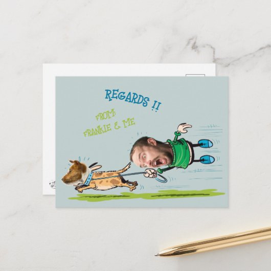 おもしろい顔フォトマン歩くドッグよくはしゃぐはがき ポストカード (正面/裏面インサイチュ)