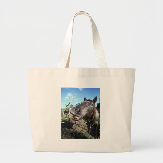 おもしろい顔茶色の馬 ラージトートバッグ (正面)