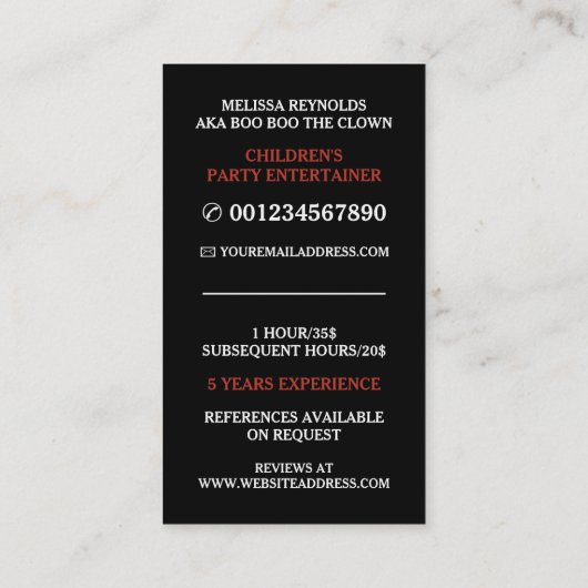 おもしろい顔,キッズエンターテイナー,ピエロ 名刺 (裏面)
