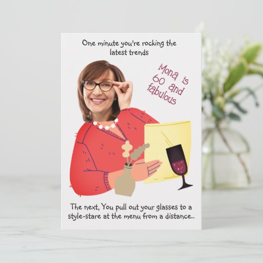 おもしろい顔- 60と素晴らしいフォトお洒落誕生日 招待状 (スタンド正面)