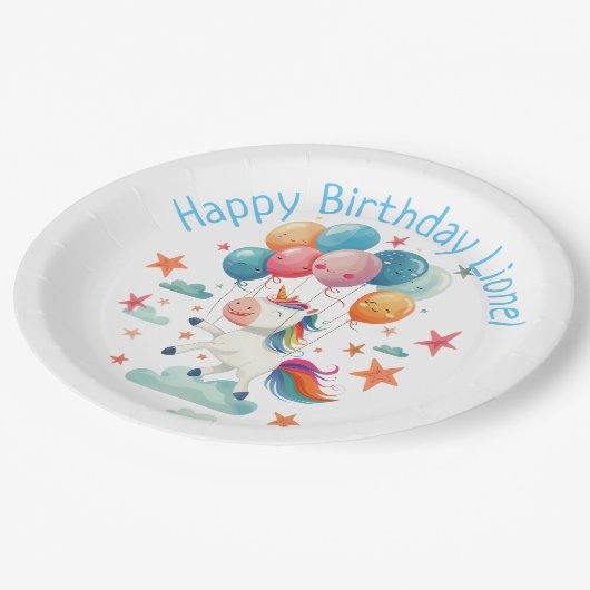 おもしろい飛んでいるユニコーン虹の色1st誕生日 ペーパープレート (アングル)