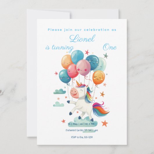 おもしろい飛んでいるユニコーン虹の色1st誕生日 招待状 (正面)