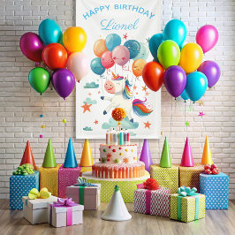 おもしろい飛んでいるユニコーン虹の色1st誕生日 横断幕