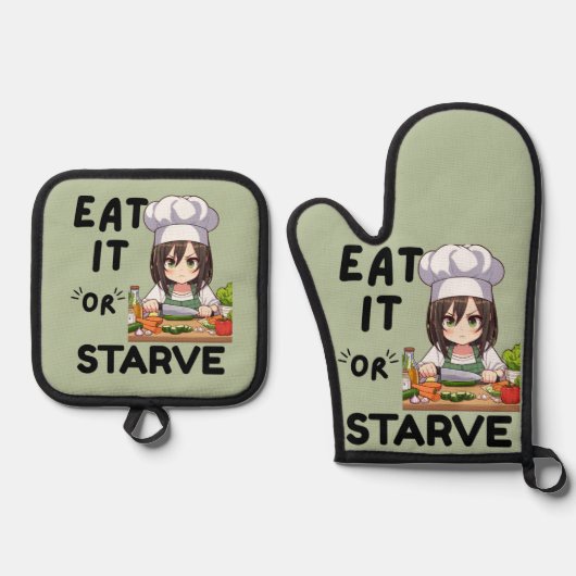 おもしろい食べか飢え 鍋つかみ&鍋敷きセット (正面)